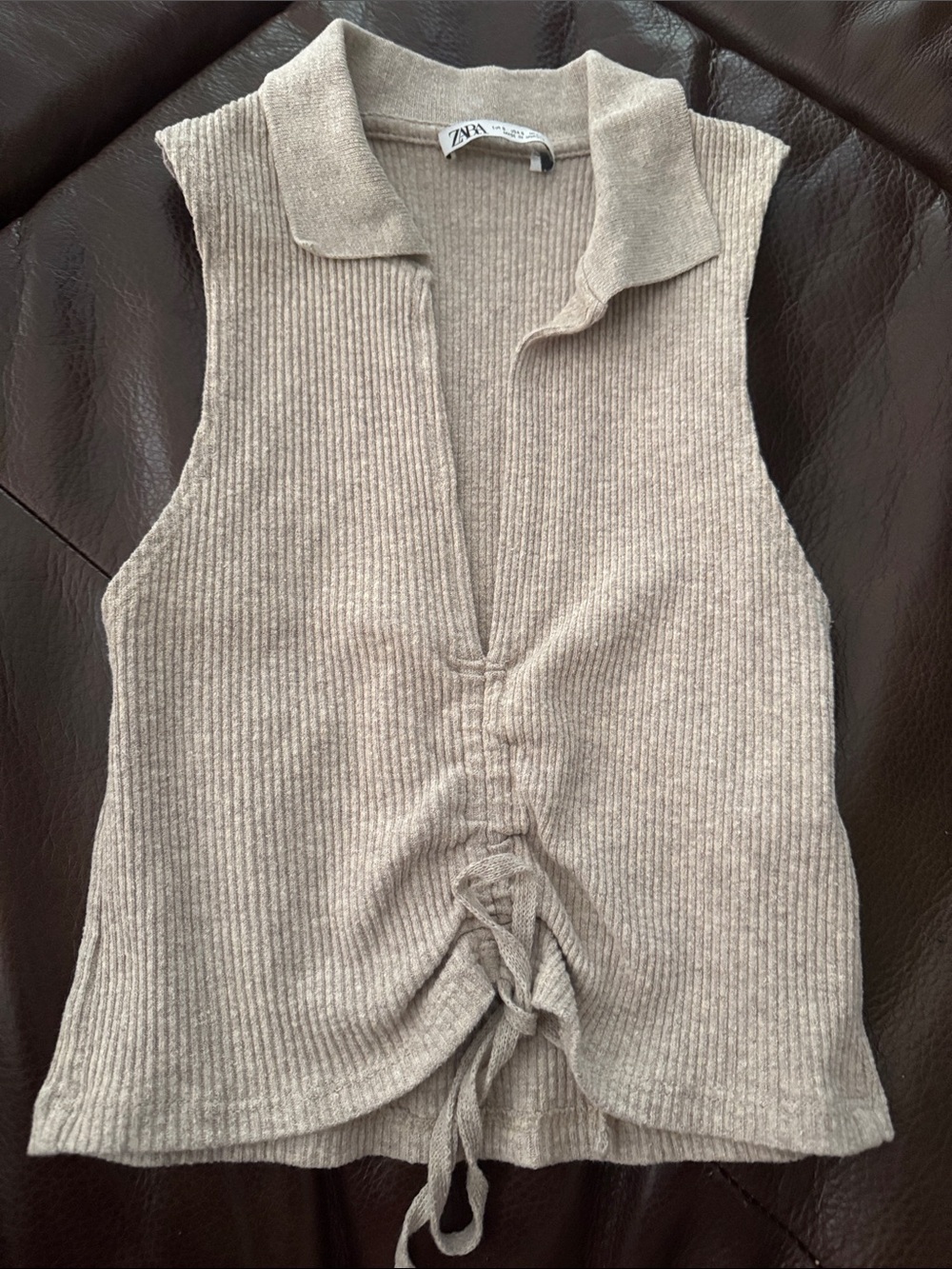 Zara Neutral Beige Ribbed Sleeveless Polo Tank with Front Drawcord